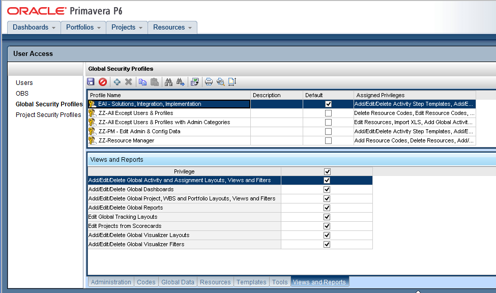 Primavera P6 global security profiles