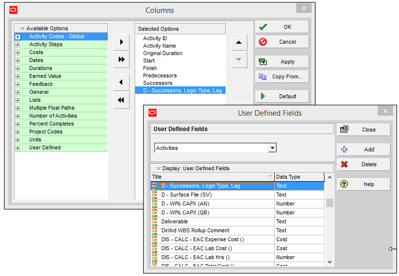 primavera p6 user defined fields formula